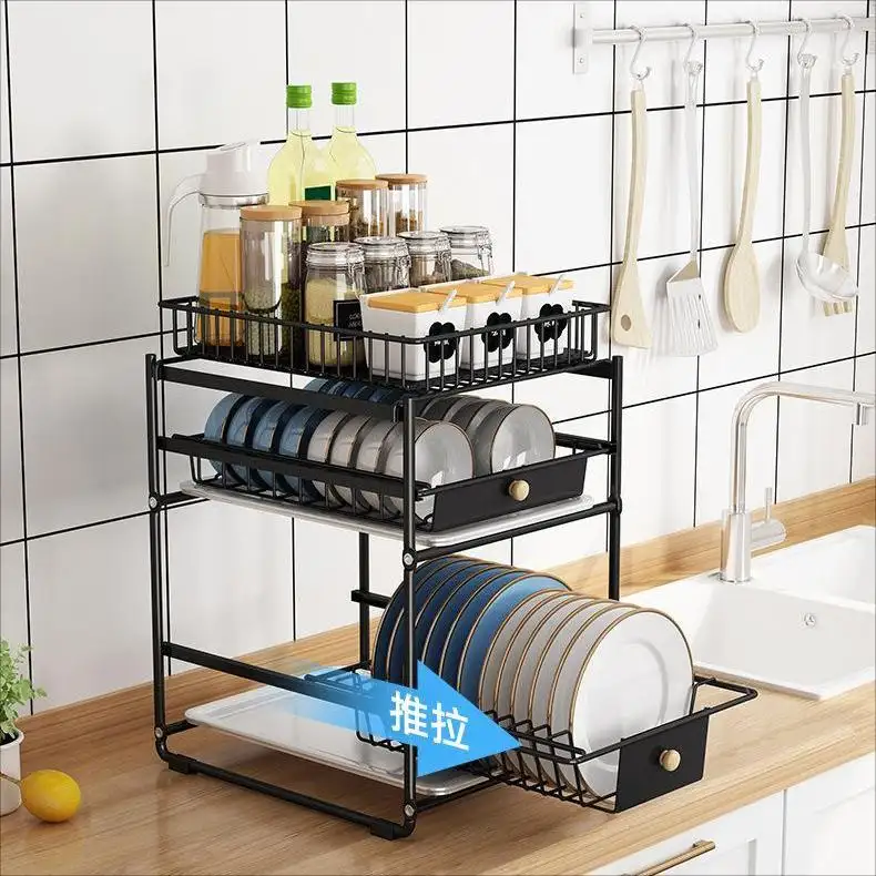 Scolapiatti drenanti a 2 livelli scaffali portaoggetti per utensili da cucina in acciaio inossidabile sopra lavello stendibiancheria