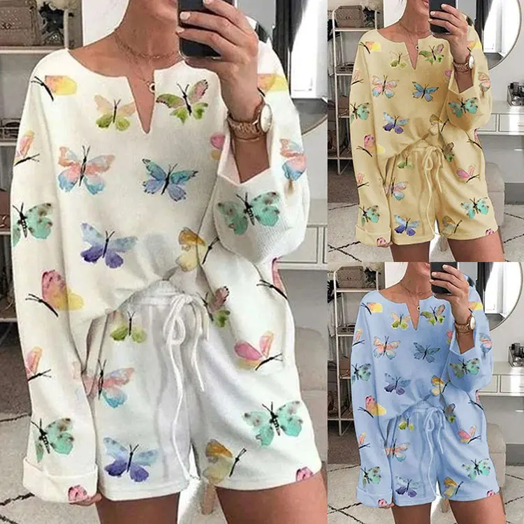 Spring Women Lounge Wear Sublimation Pyjama Shorts Tie Dye Pajamas Casual Butterfly PrintLong Sleeve Soft Two Piece Set Clothing