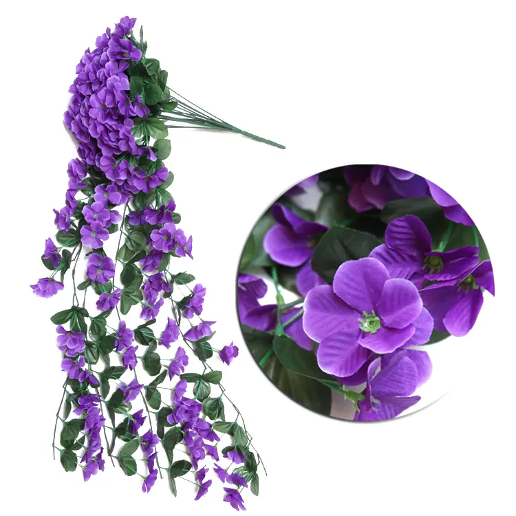 Artificial silk flowers fabric violet hanging decoration plastic and silk flowers decorate plants