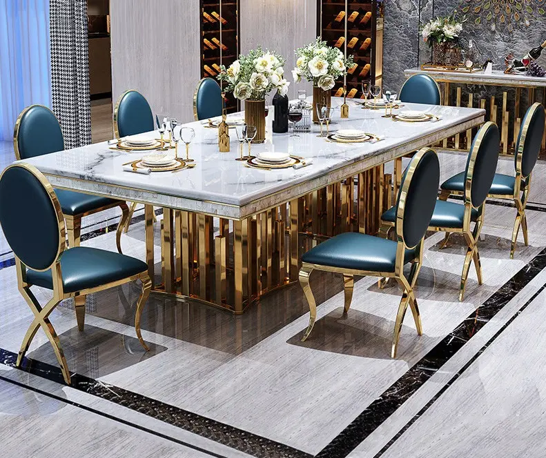 Banquete do infinito do hotel do ouro do luxo móveis chivalry aço inoxidável mesa de jantar conjunto cadeiras para o casamento