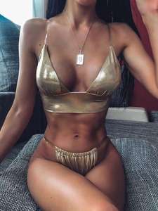 2022 Nieuwe Mode Dames Licht Goud Lederen <span class=keywords><strong>Sexy</strong></span> Bikini Badpak Set Dames <span class=keywords><strong>Sexy</strong></span> Badpak Tweedelige Set - Product Image 3