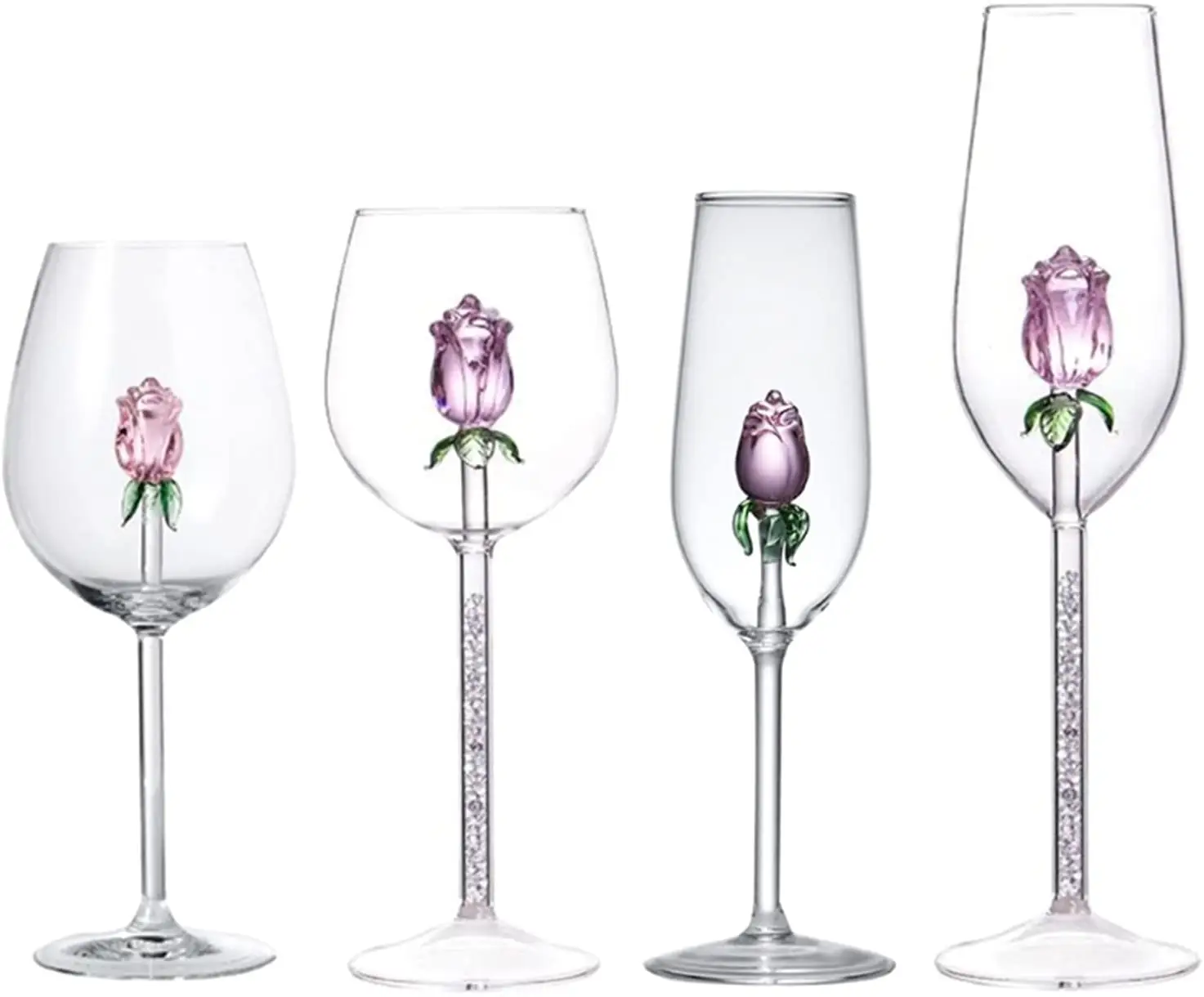 Copas de champán de cristal con flores rosas, Copas de cristal sin plomo con interior de copas de vino, transparente para boda, tostado, navidad