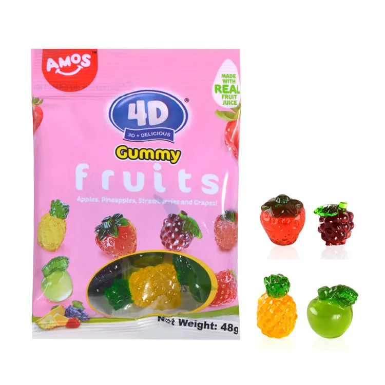 Wholesalers Halal Sigkeiten Chewy Amos 4D Glow Bulk Fruit Slices Sweet Confection Candies 3D Candy Real Fruit Sour Gummi