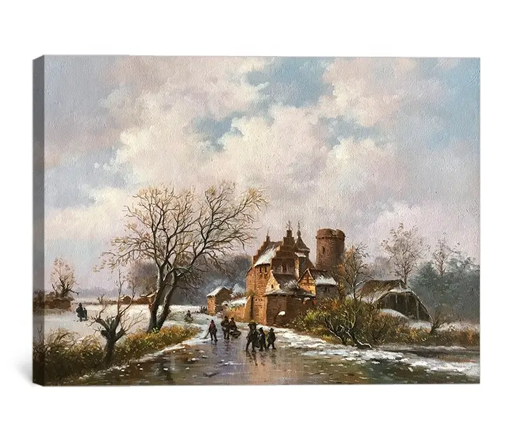 100% pintado a mano vintage occidental paisaje Holanda pueblo invierno paisaje de la lona pintura al óleo para la venta