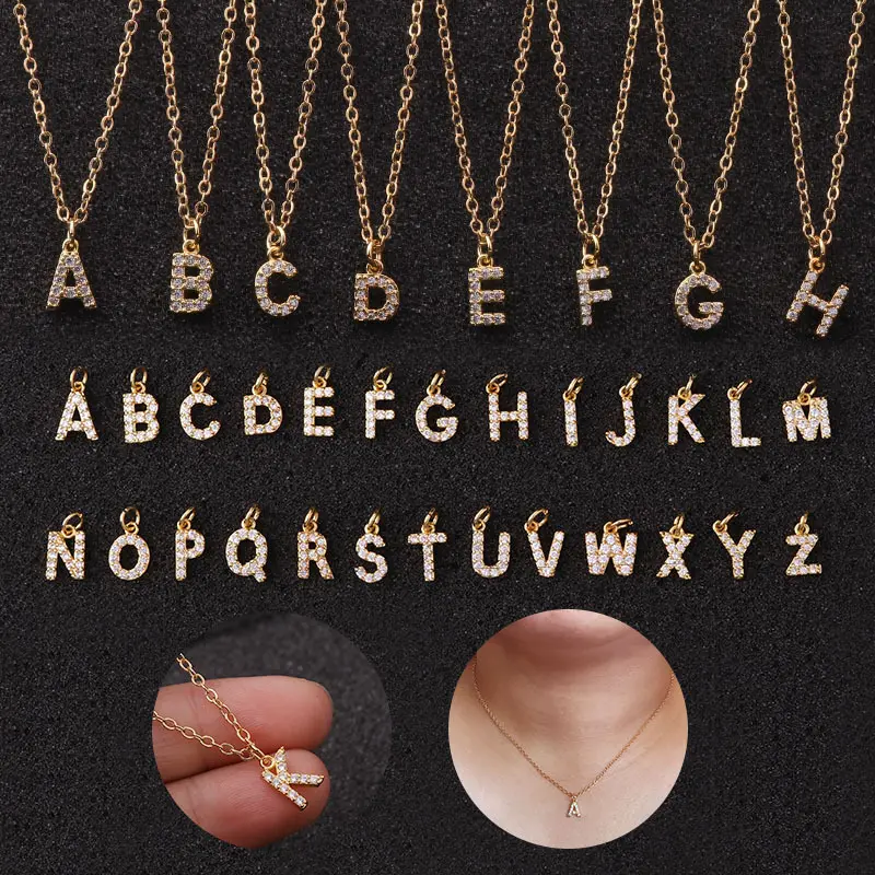 Collier chaîne pendentif de l'alphabet personnalisé, avec initiales en Zircon cubique brillant, couleur or argent, 26 lettres, CZ, pour femmes