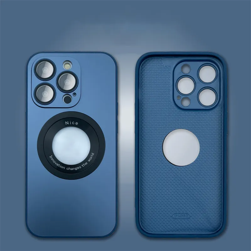 아이폰 14 용 로고 컷 충격 방지 강화 유리 전화 케이스, 아이폰 14 네이비 블루 케이스