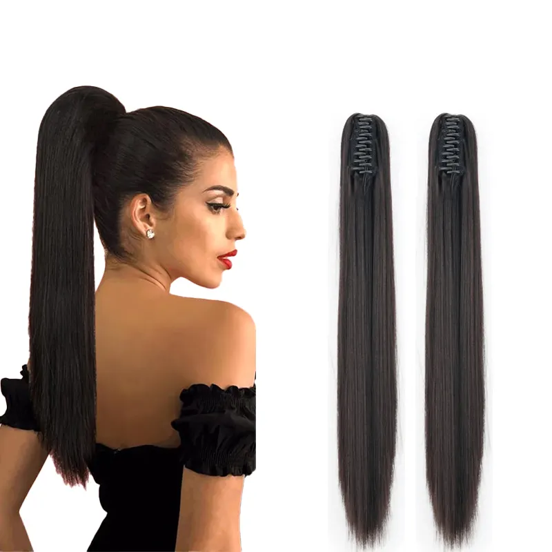 Extensión de cola de caballo 24 ''Clip de garra recta ondulada larga en cola de caballo pelo de aspecto Natural postizo sintético para mujeres negro