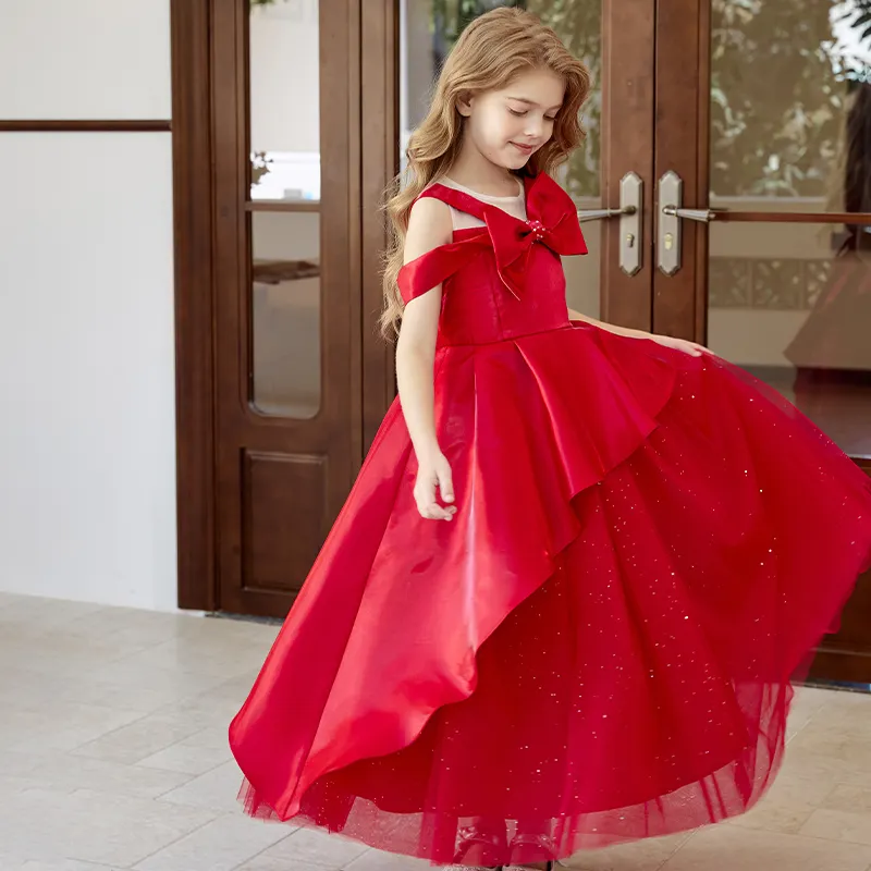 Venta al por mayor de ropa para niños vestido de fiesta de lujo vestidos diseños tul rojo flor niñas vestidos niños vestido de noche para la boda