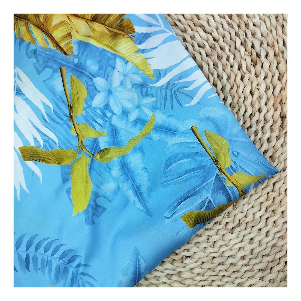 Padrão de folha havaiana impressão tecido viscose cetim tecido para roupas de verão
