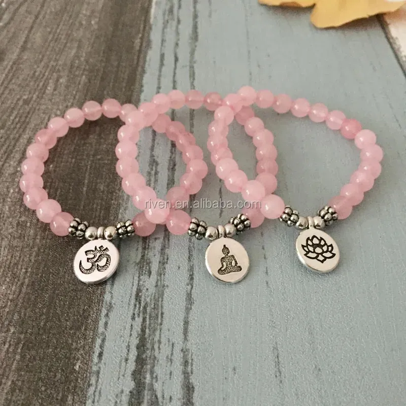 SN1315-pulsera de Buda de loto OM de Piedra Rosa para mujer, de cuarzo rosa con cuentas, Mala, joyería de muñeca