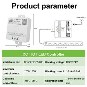 Controlador LED CCI SPI WiFi Alexa Voice Google Home CCT Dimmer LED Blue tooth Light Strip Controller SP532E SP537E - Product Image 2