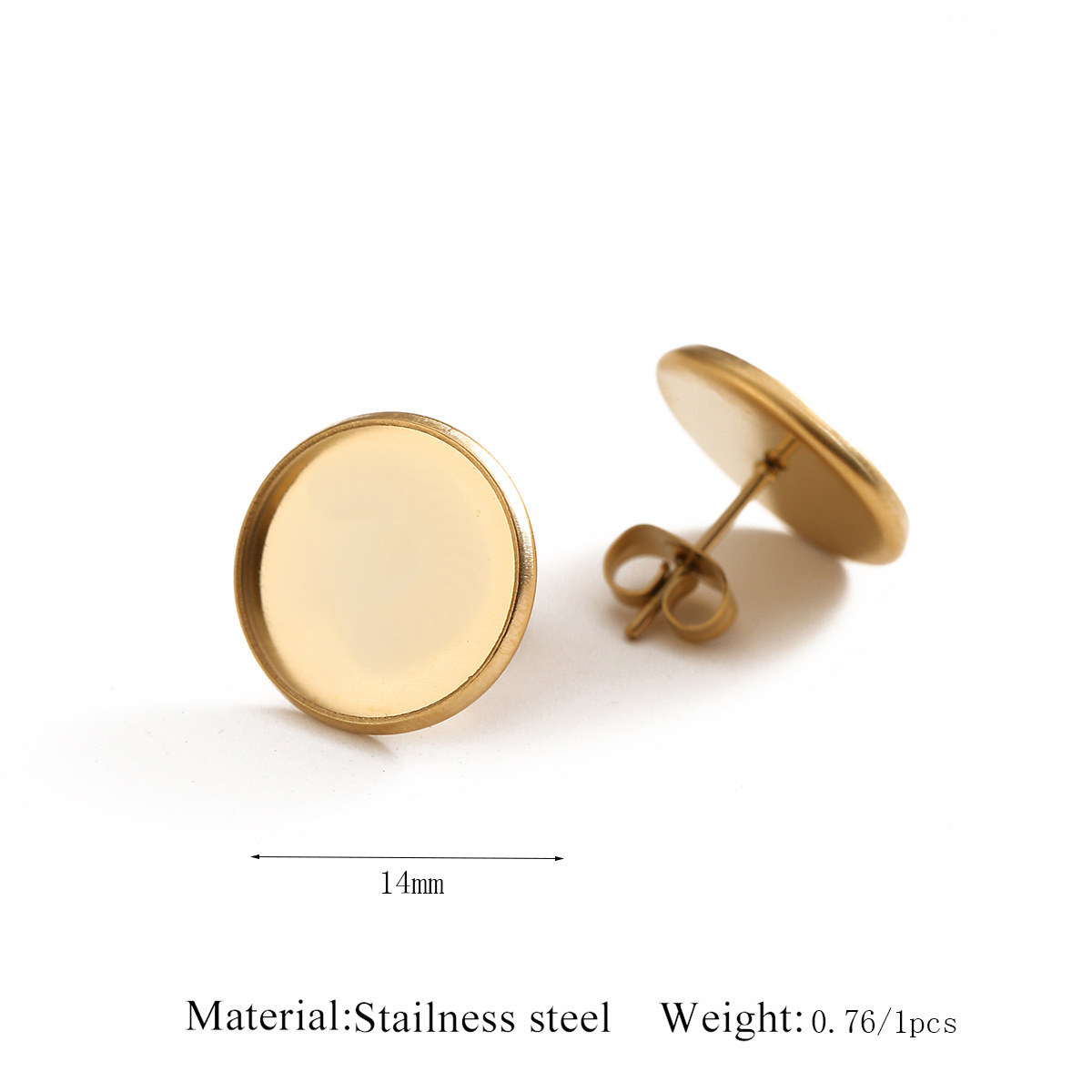 Disque doré de 14 mm avec tige à souder pour boucles d'oreilles.
