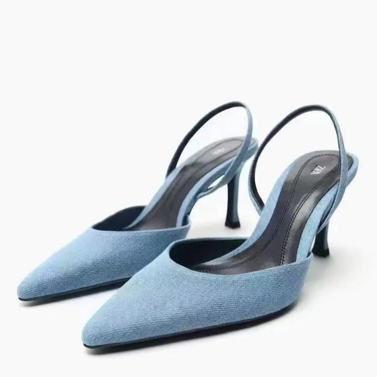 ZA 도매 새로운 뾰족한 여성 신발 얕은 입 데님 얇은 발 뒤꿈치 닫기 발가락 뮬러 신발 슬립 온 샌들