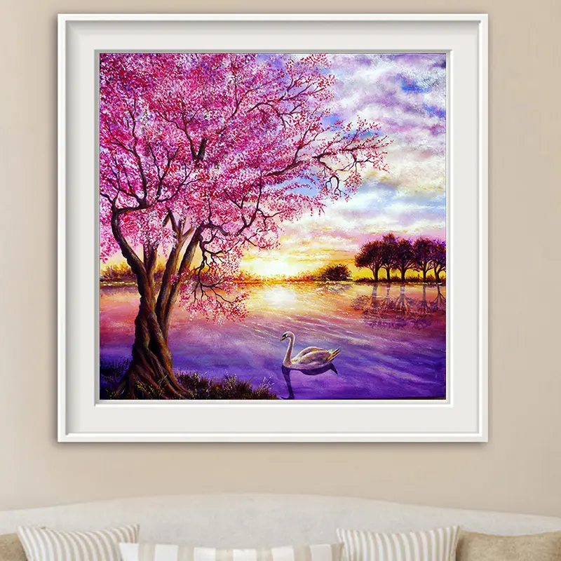 Venta caliente clásico paisaje pintura púrpura árbol puesta de sol diamante pintura personalizada diamante mosaico imagen fotos