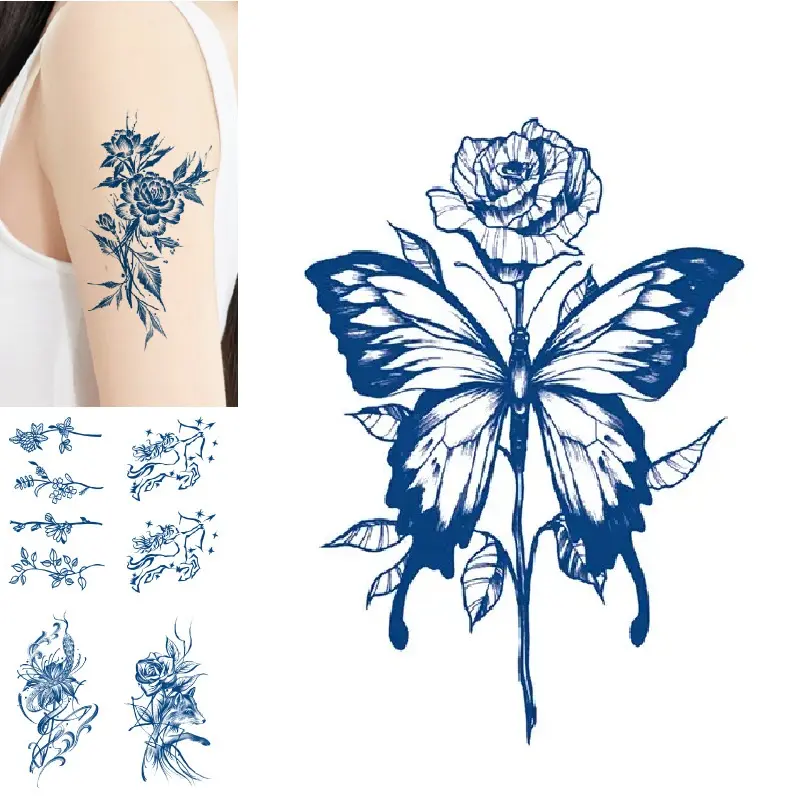 Fabrik Großhandel Saft dauerhafte Tinte Temporäre wasserdichte Transfer Tattoo Aufkleber Flash Falsche Rose Star Gun Männer Frauen Kid Tattoo