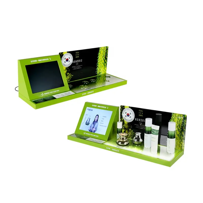 Excelente diseño de productos para el cuidado de la piel soporte de exhibición de acrílico cosmético Rack con LCD jugar video para especificar la presentación del producto