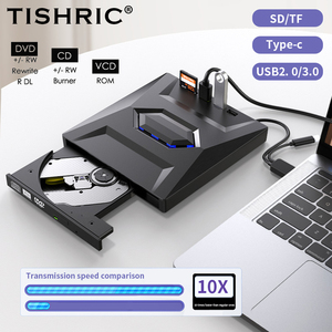 TISHRIC USB 3.0 C型超薄外部DVD RW光盘刻录机驱动器刻录机播放器便携式笔记本电脑和台式机