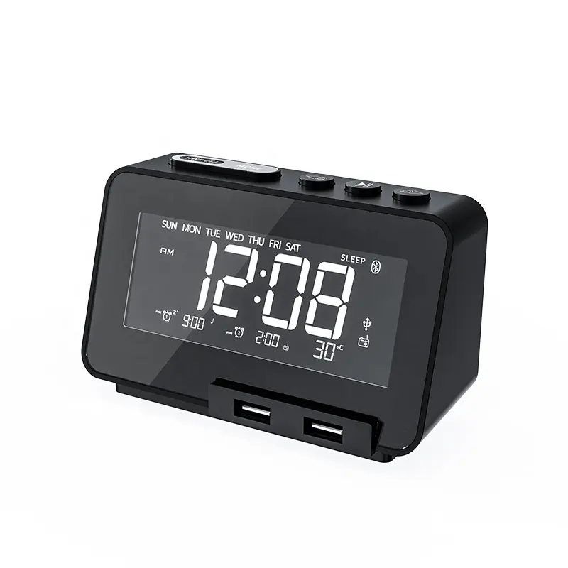 Jam Alarm Radio FM, pengeras suara BT Volume dapat diatur peredupan tampilan LED Digital pengisian Port USB ganda