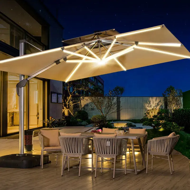 All'ingrosso ombrello a sbalzo 12ft ombrello solare & base LED parasole luce patio giardino mobili da esterno ombrelloni natura