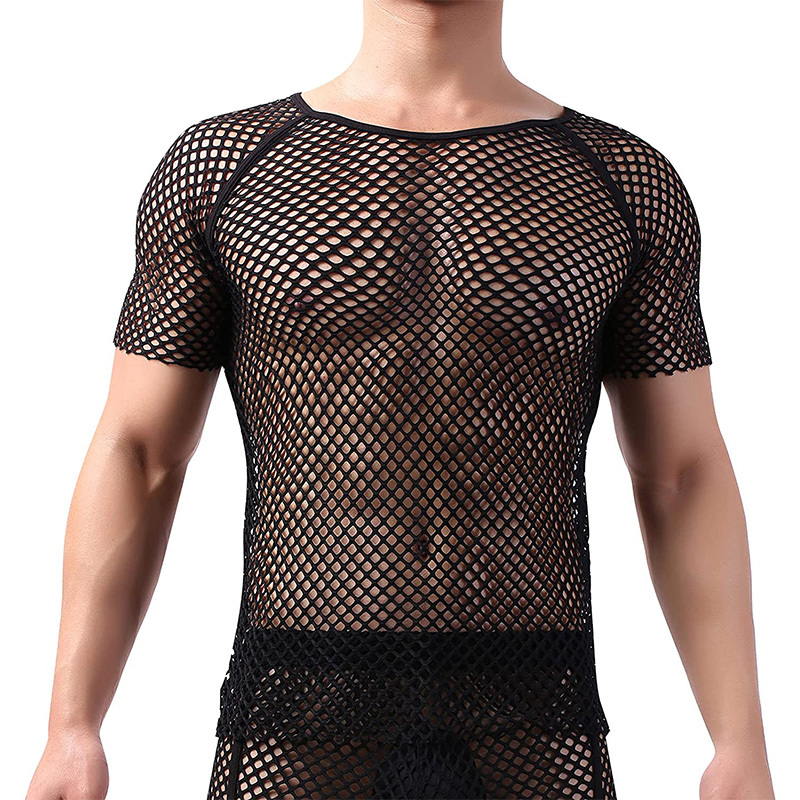 Black mens fishnet mesh t shirt