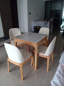 Set Meja Makan Persegi Batu Putih Modern 4 Kursi Meja Dapur dengan Kaki Kayu Perabot Rumah Set Restoran - Product Image 4