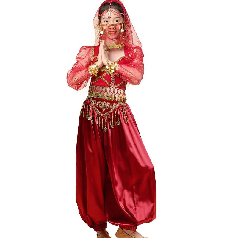 Disfraz de danza del vientre turquesa exuberante para niñas, Princesa, niños, pantalones de pierna ancha de manga larga, atuendo de fiesta