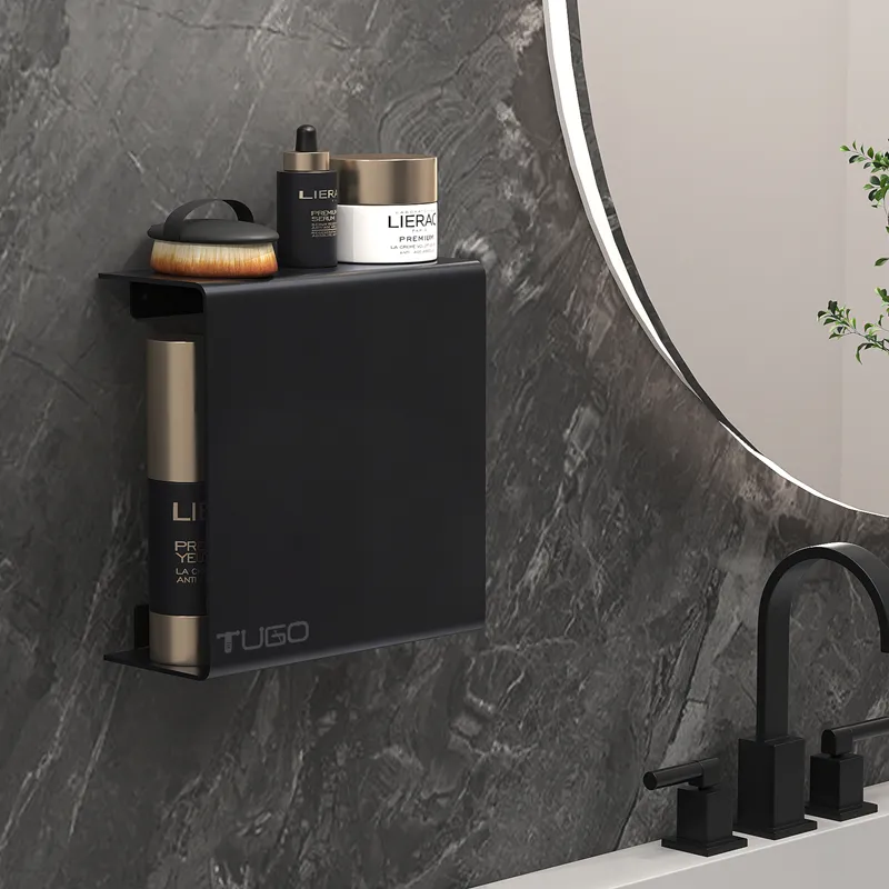 Duvara monte Modern siyah yok yapıştırıcı görünmez banyo duş niş depolama raf organizatör aksesuarları