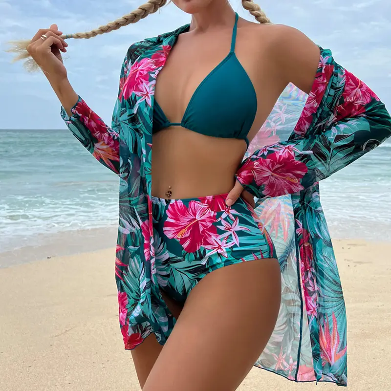 2024 New Fashionable and Sexy European and American Large Size Printed Three-piece Bikini Swimsuit Women's Mesh Design