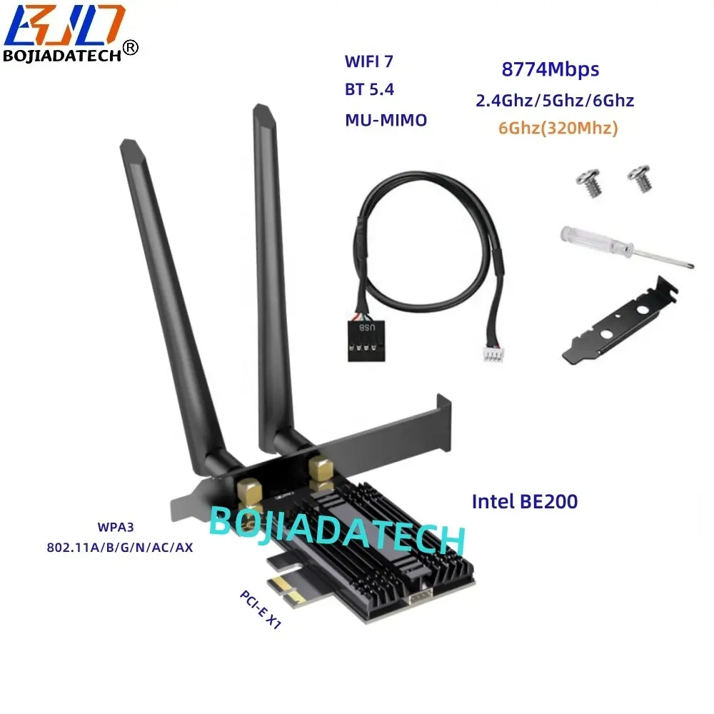 8774Mbps WIFI 7 BT5.4 PCI-E 1X Wireless Adapter Network Card 2 Antennas BE200 2.4Ghz 5Ghz 6GHz 802.11ax 802.11ac WIFI7 MU-MIMO