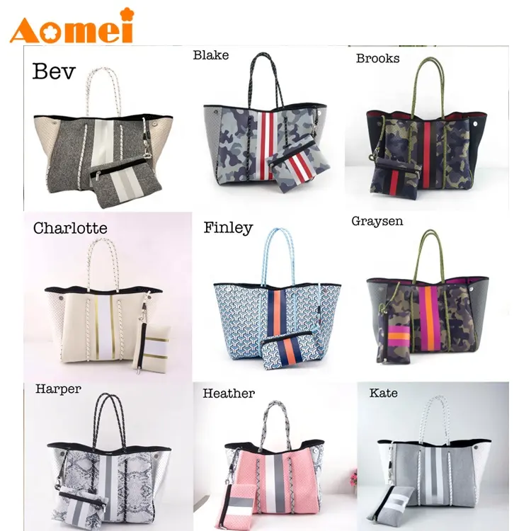 AOMEI Customized Silk Screen Sublimation New Designer Fashion Handbags Hot Selling Perforate Neoprene Women's Beach Tote Bags