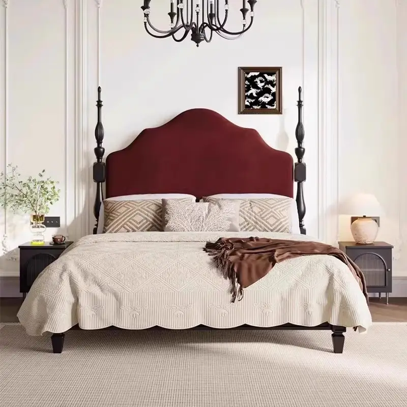 PurelyFeel Cama de princesa francesa antiga Paris 1.8m, cama dupla de madeira maciça, coluna macia, com encosto alto, preta, romana e americana