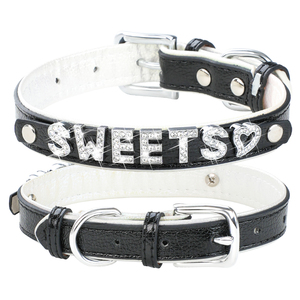 Großhandel Luxus Mikro faser Haustier Hund Name Halsband Anpassbare DIY mit Juwelen Dekoration Solid Pattern PU Material Niet Feature - Product Image 5