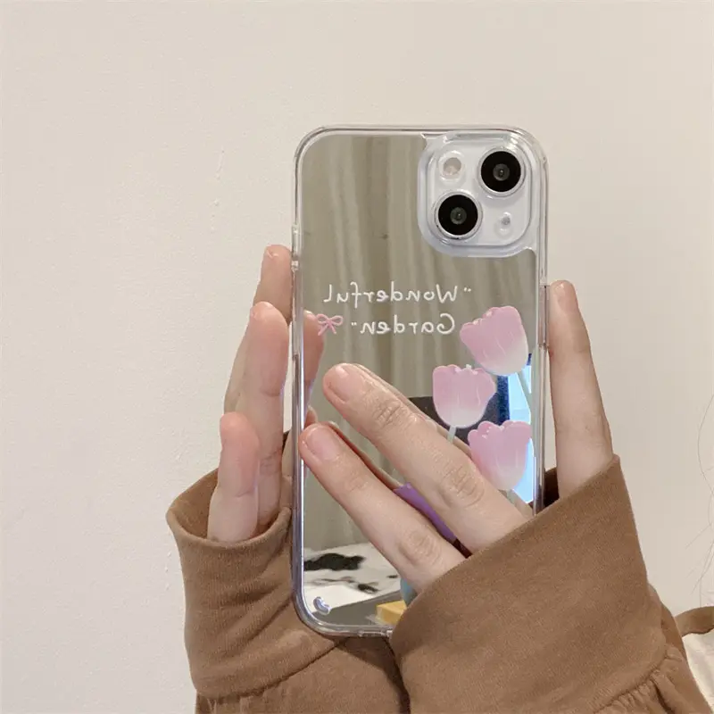 Penutup Casing Ponsel ForTulip Pink Cermin Kualitas Tinggi dengan Cermin Belakang untuk Iphone 11/12/13/14 Pro Max Pelindung Lunak Sepenuhnya Inklusif