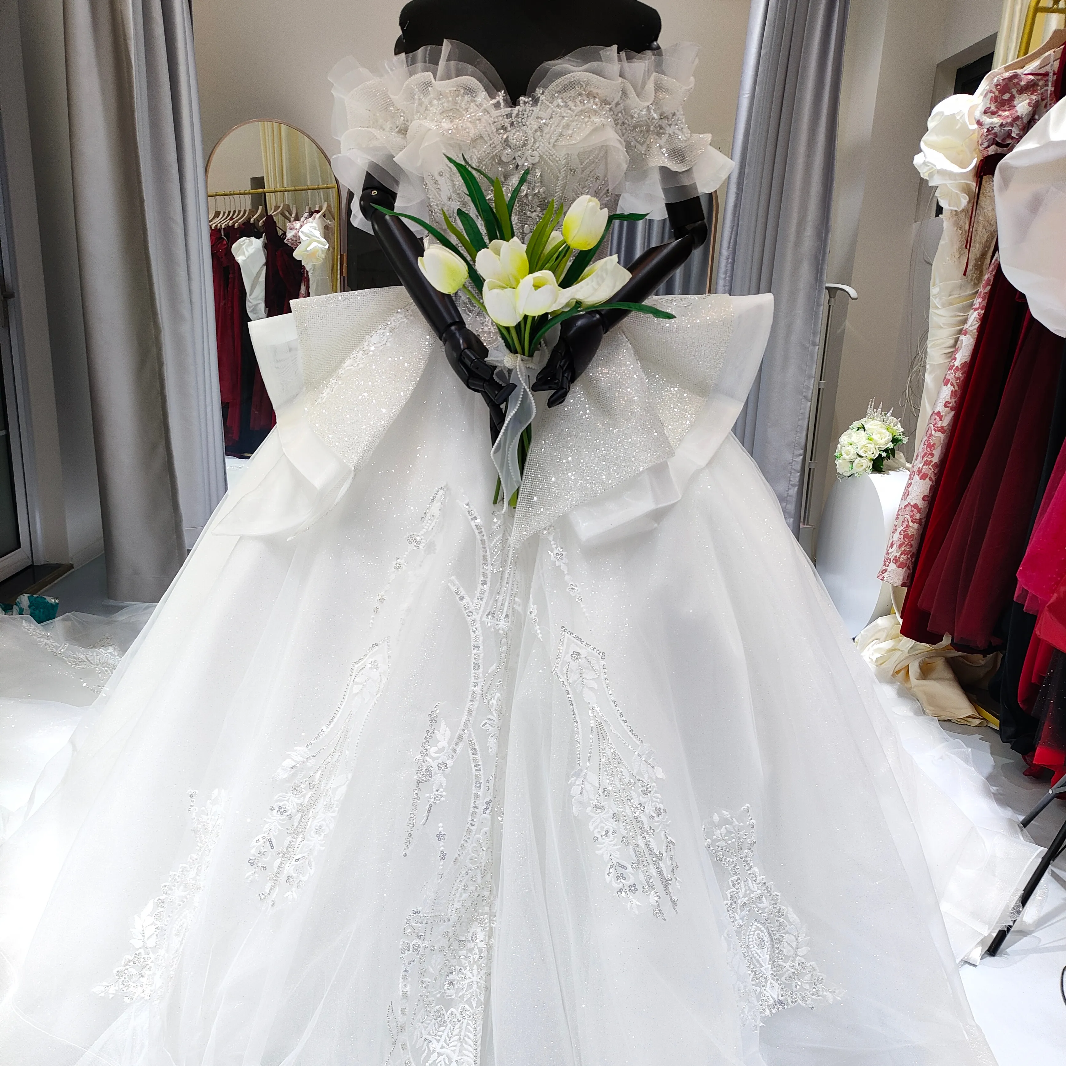 S1086H gaun pengantin wanita desain baru renda Princess Premium bahu terbuka