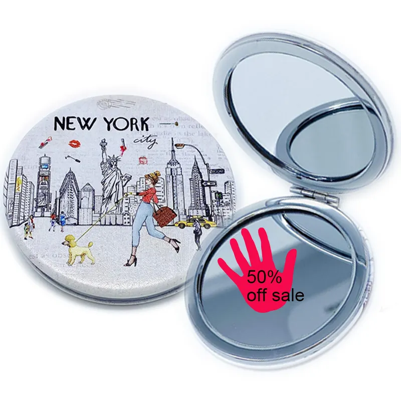 Mode Custom New York Usa Goedkope Vintage Stijl Vergrootglas Pu Cosmetische Spiegel X 15X20 Kleine Mini Ronde Ambachtelijke Spiegels