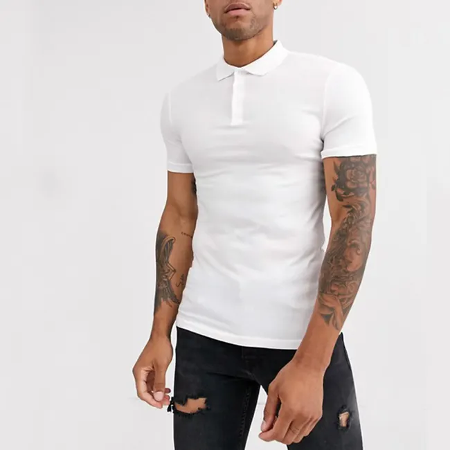 उच्च गुणवत्ता वाले जैविक कपास कस्टम कढ़ाई पेशी फिट सफेद पुरुषों पोलो शर्ट