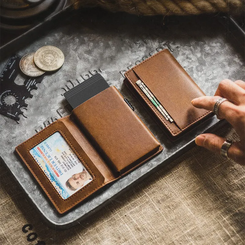 Erkekler için ince cüzdan deri özel Logo POP UP kart cüzdan Rfid koruma kartlıklı cüzdan Pop Up alüminyum kart durumda