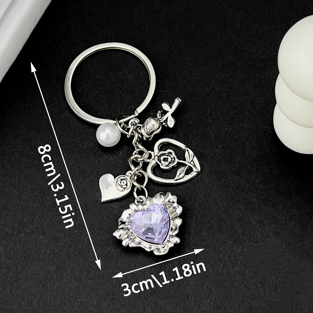 1 antique silver heart-shaped rose pearl keychain-er622-126g