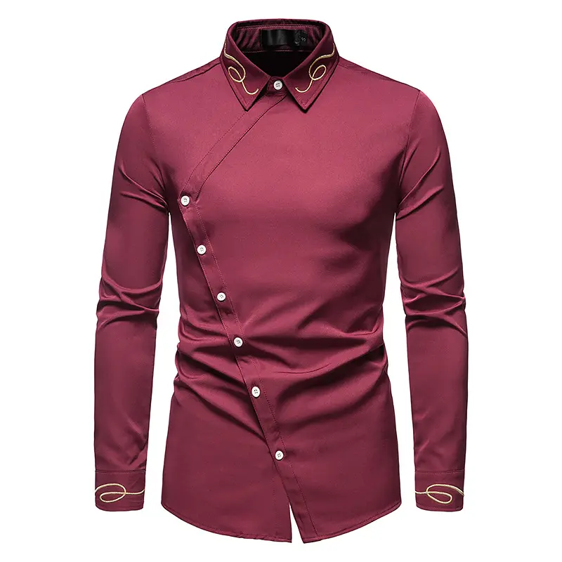 Tendência Bordado Assimétrica Manga Comprida Camisa Dos Homens Slim Fit Vestido Social Dos Homens de Roupas Camisas Ocidental C14304