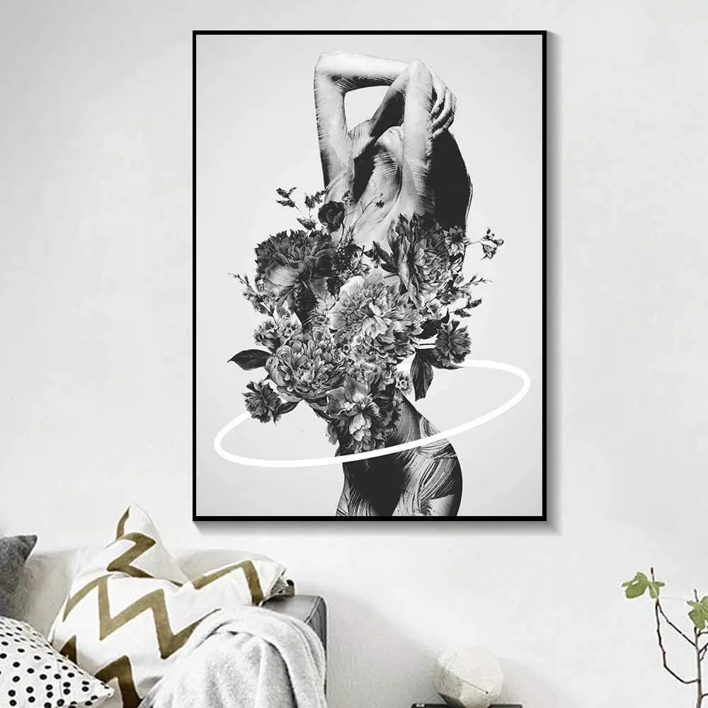 아마존 베스트셀러 까만 백색 포스터 유행 섹시한 여성 꽃 예술 유화