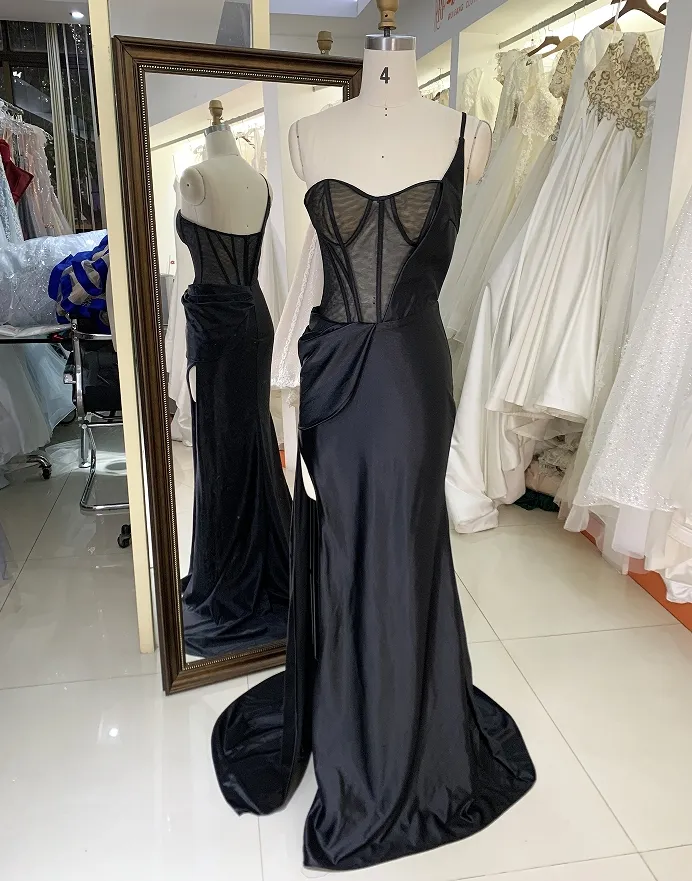 Gaun panjang seksi boning hitam baru buatan khusus gaun pesta malam 2025
