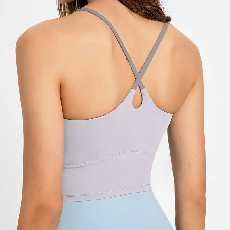 Contrast Color Cross Back Thin Strap Yoga Crop Top Build in Bra Fitness Tank Top