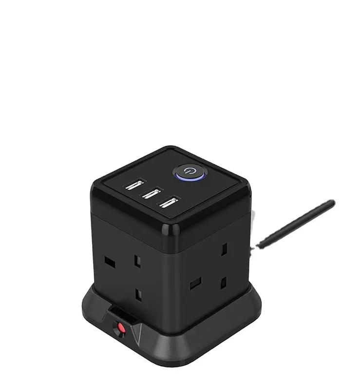 Cube Extension Lead with 3 USB Slots 13A 3250W 4 Gang Plug Extension Socket 4 Way Power Str Side Multi Outlet Extender with 5 Ft