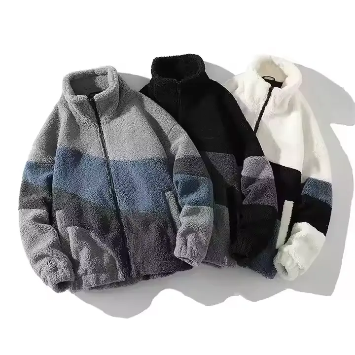 Benutzer definiertes Logo-Design Hochwertiger gestreifter Hoodie Übergroße Woll baumwoll kleidung Herren Casual Lamb Wool Jacket