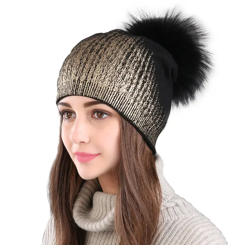 Gorro de lana con costuras para mujer, gorro de punto grueso con Bola de Pelo de zorro, cálido con pompón de piel de mapache