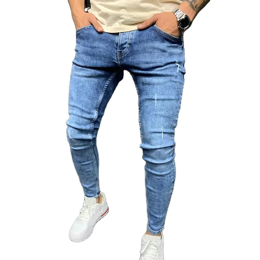 Groothandel Heren Denim Effen Kleur Outdoor Gescheurde Jeans Slanke Potlood Lange Broek Heren Zakken Broek Casual Strakke Jeans