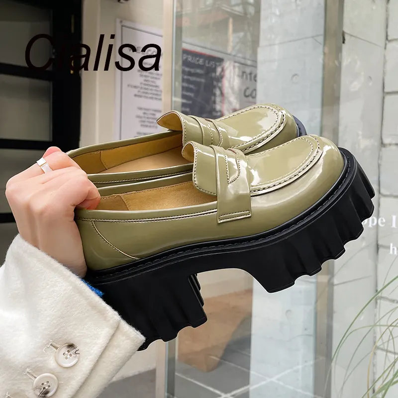 Cialisa جديد تصميم جلد طبيعي مكتنزة عالية الكعب النساء الانزلاق على منصة الشقق موجزة حذاء كاجوال المتسكعون للسيدات