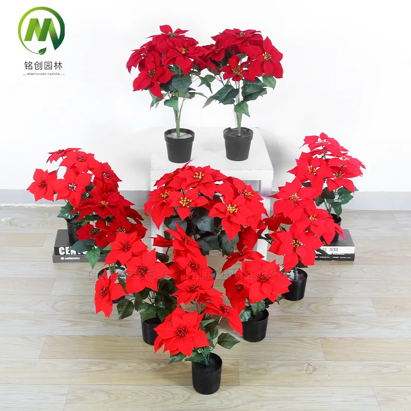 Venda quente por atacado Natal decorações vermelho poinsétia flores com haste flor artificial para o Natal deco