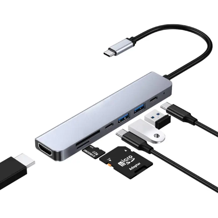 جاهز للشحن قاعدة منافذ التوصيل Thunderbolt قاعدة المفاتيح 7 في 1 USB من النوع c إلى 3.0 2.0 100W PD مع قارئ بطاقات لمزيد من الأجهزة من النوع C