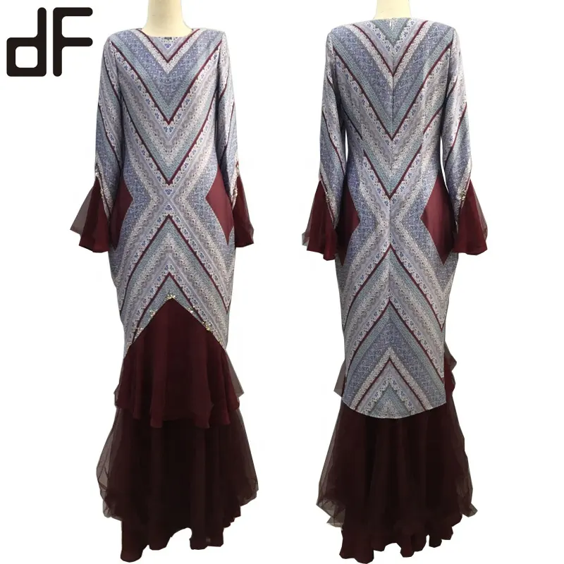Vêtements musulmans personnalisés modeste traditionnel impression numérique Caftan Maxi robe crêpe islamique à manches longues Abaya Baju Kurung